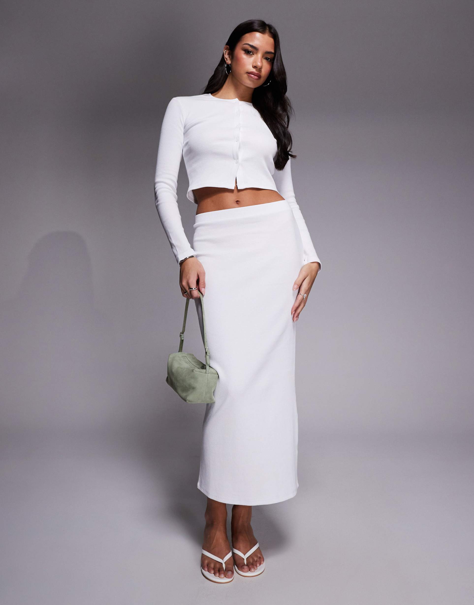 the frolic exclusive ribbed mid waist column maxi skirt in white - part of a set