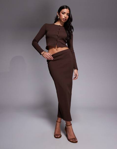 The Frolic exclusive ribbed mid waist maxi column skirt co-ord in chocolate - view 1