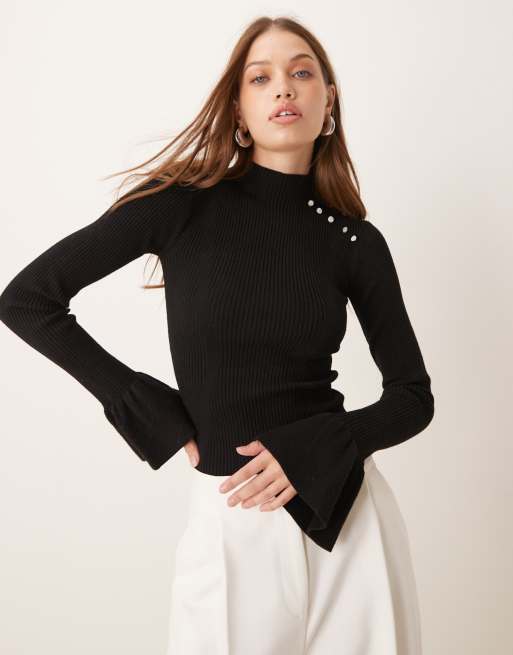 The Frolic exclusive ribbed pearl detail flare sleeve sweater in black 
