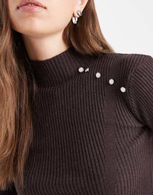 The Frolic Exclusive Ribbed Pearl Detail Flare Sleeve Sweater In Brown