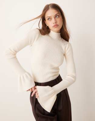 exclusive ribbed pearl detail flare sleeve sweater in cream-White