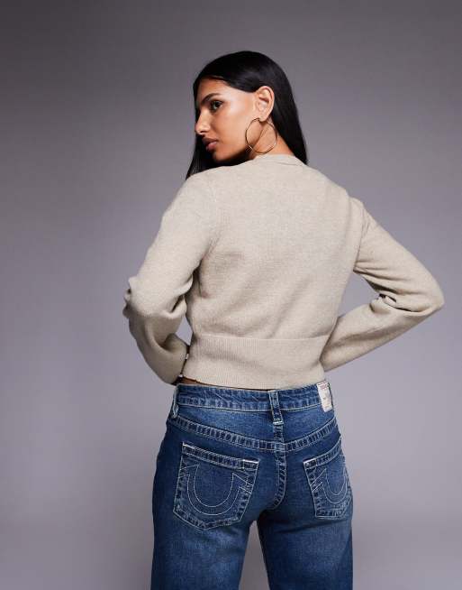 The Frolic Exclusive ribbed structured waist button through cardigan in oat, 4 of 4