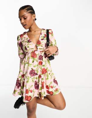 The Frolic exclusive rose garden floral print babydoll mini dress in dusty pink