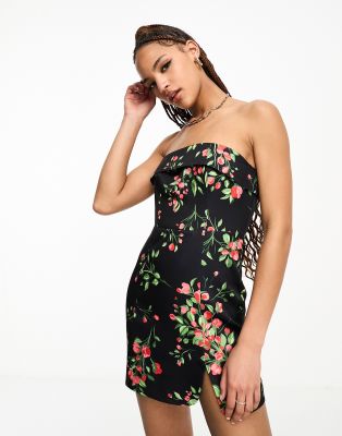 exclusive rose print mini bandeau dress in black and red