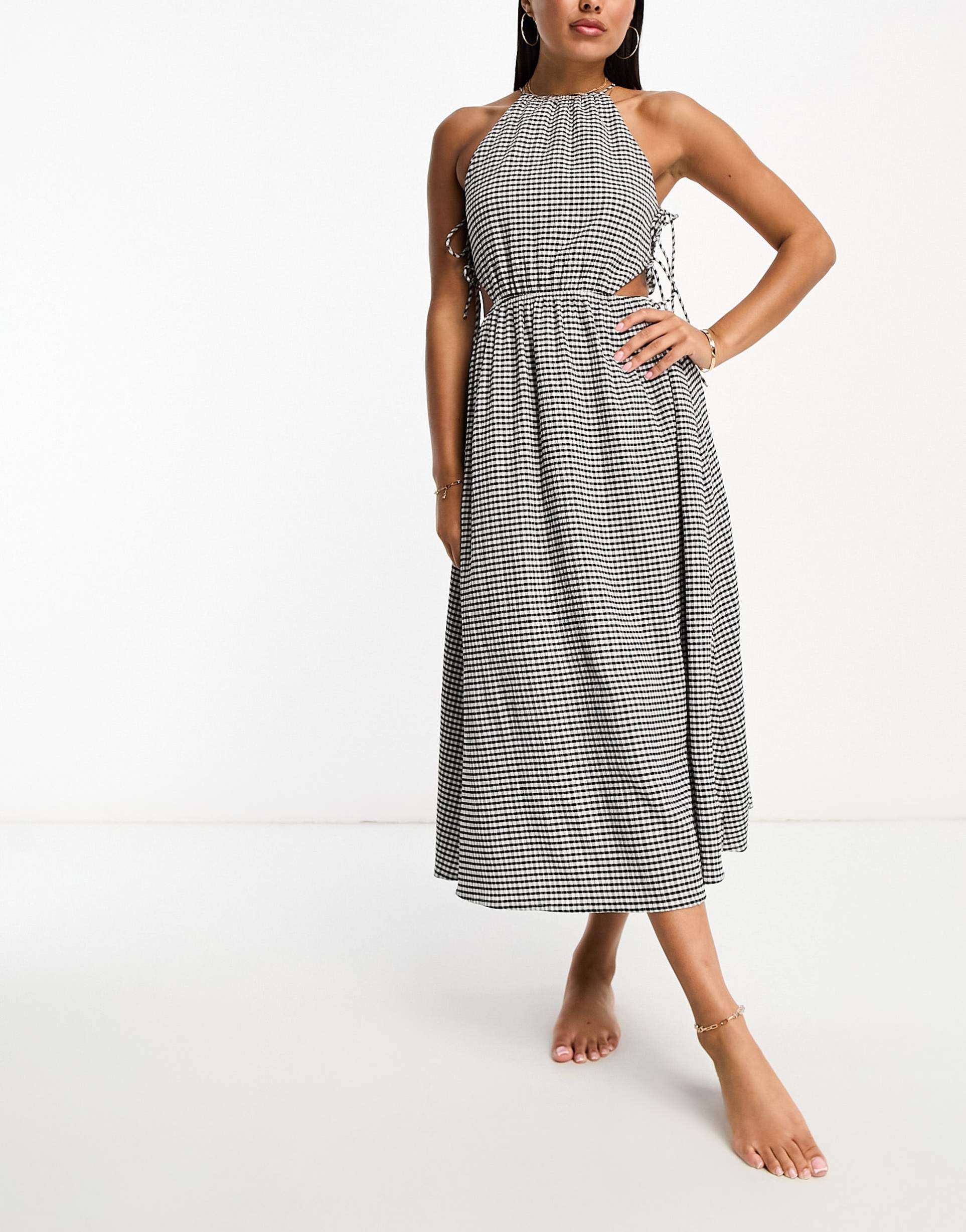 the frolic exclusive rubellite woven tie detail hater midaxi summer dress in black and white textured gingham