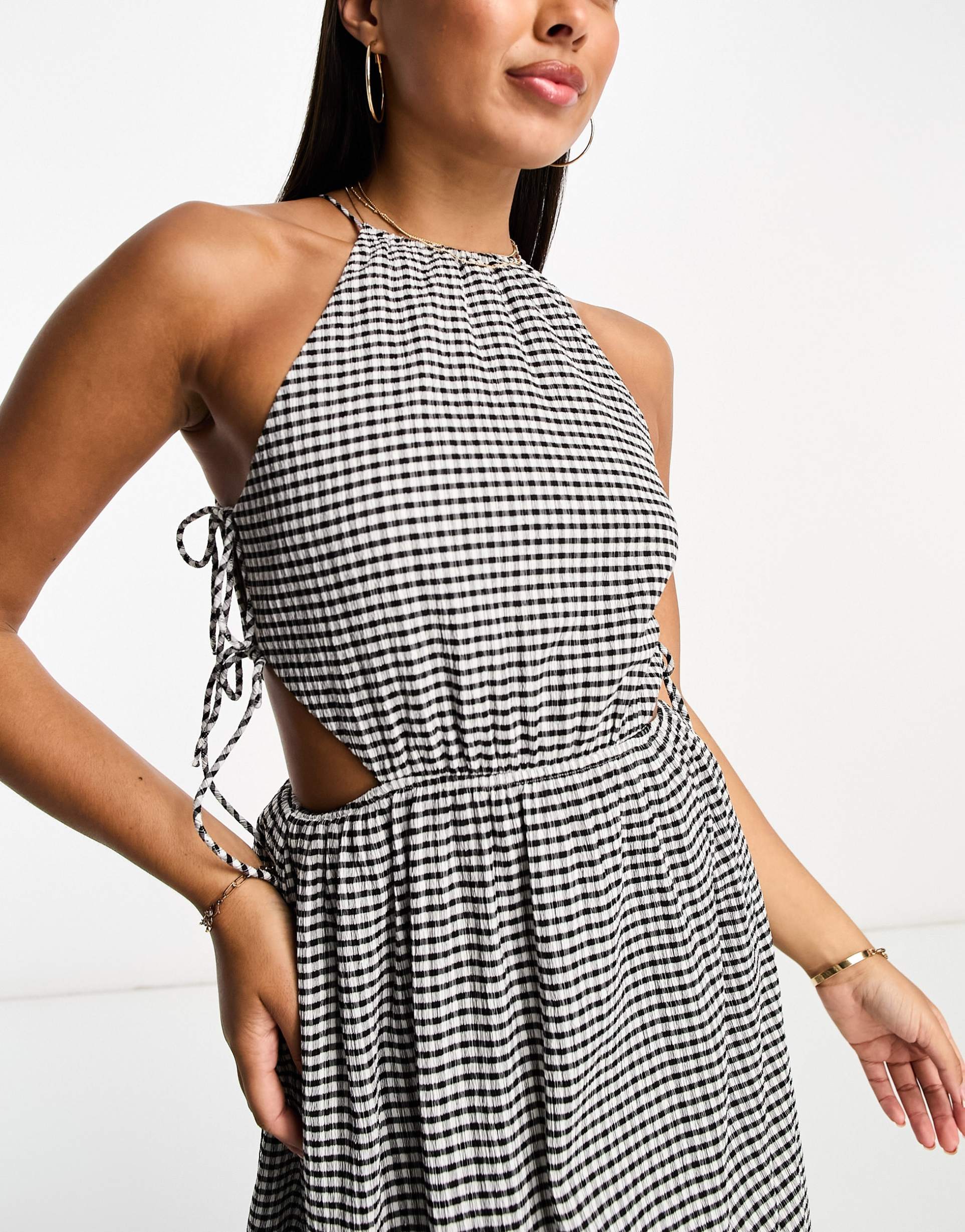 the frolic exclusive rubellite woven tie detail hater midaxi summer dress in black and white textured gingham
