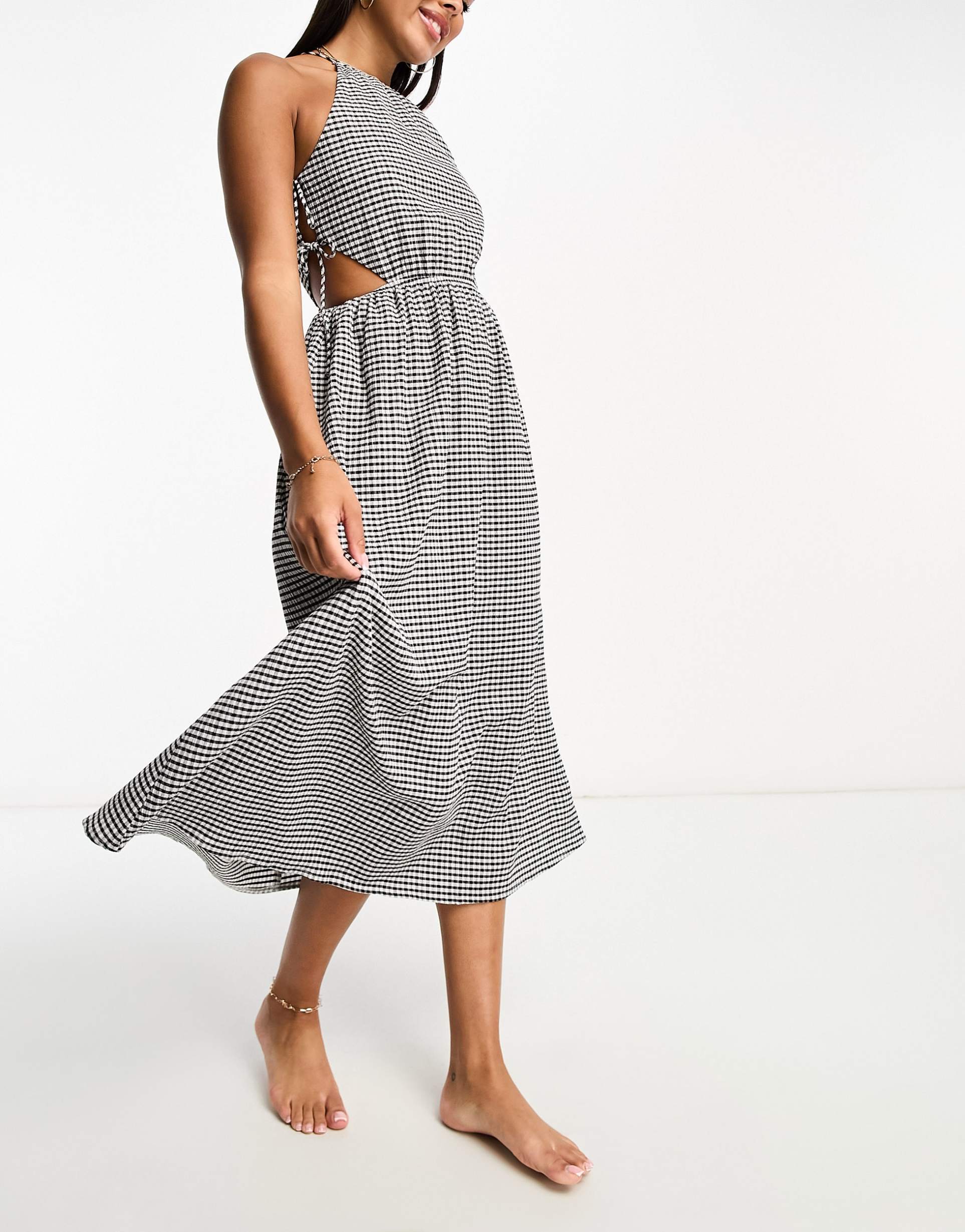 the frolic exclusive rubellite woven tie detail hater midaxi summer dress in black and white textured gingham