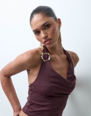 The Frolic exclusive ruched cowl neck metal hardware top in plum