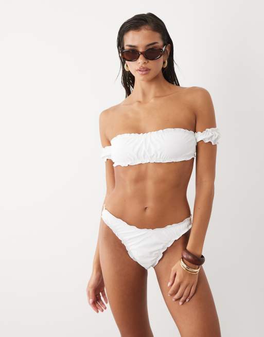 The Frolic exclusive frill ruched off-shoulder bikini in white, 2 of 3