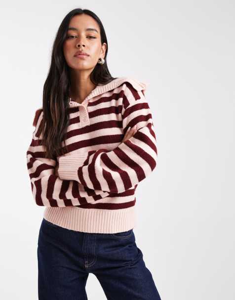 The Frolic exclusive ruffle oversized collar button up sweater in burgundy and pink stripe - view 1