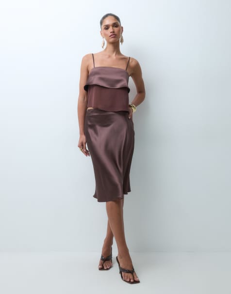 The Frolic exclusive ruffle satin chiffon cami top and midi skirt co-ord in chocolat - view 1