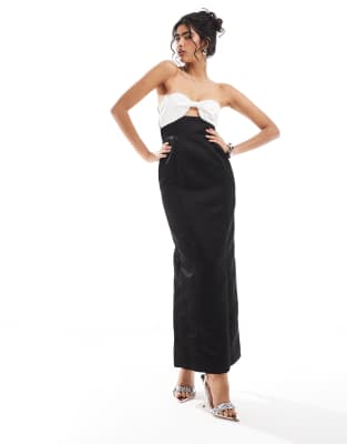 exclusive satin bow pearl embellished bandeau maxi dress in black and cream-Multi