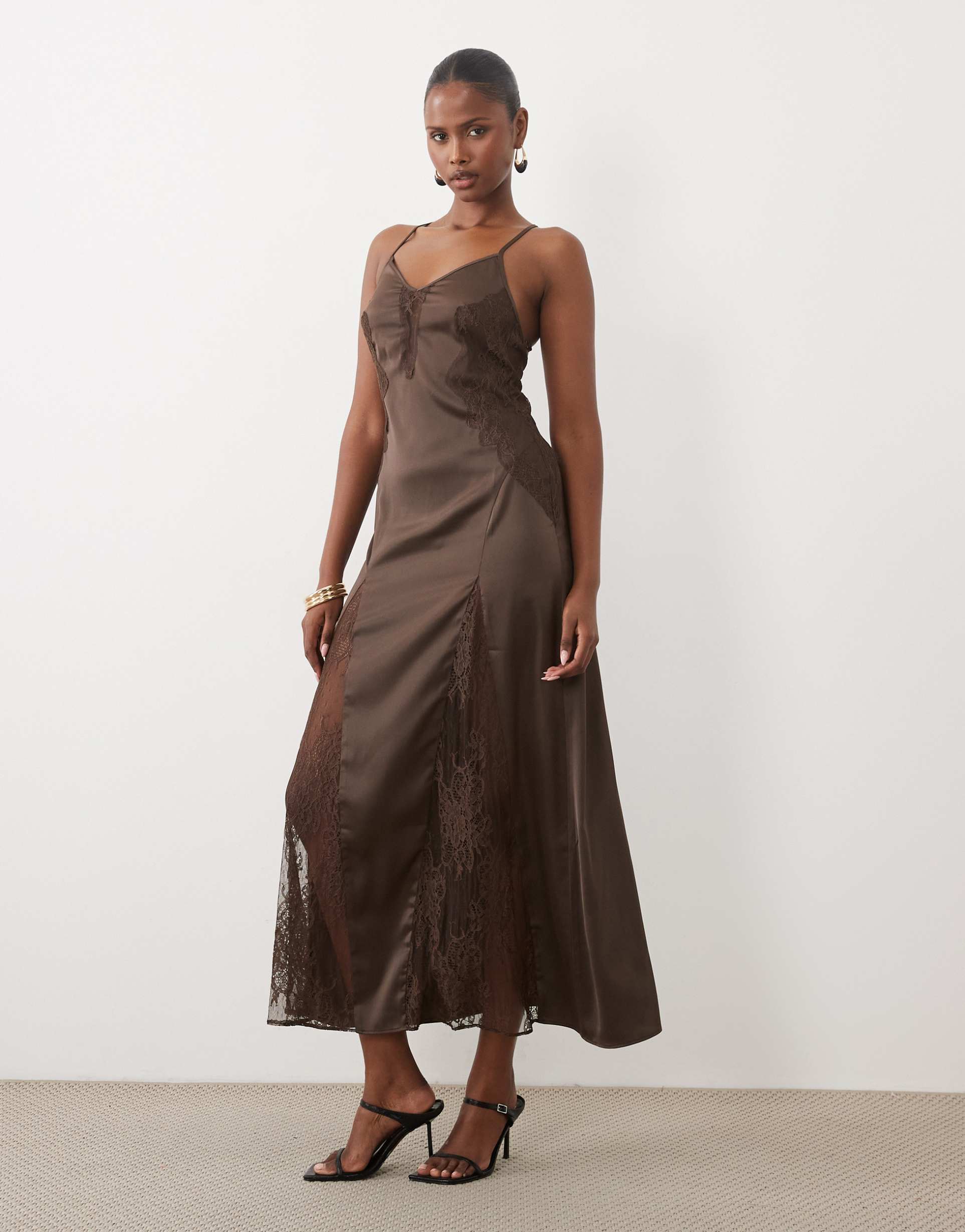 the frolic exclusive satin cami midaxi dress with lace detailing in chocolate