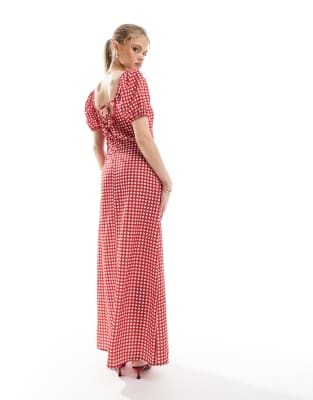 THE FROLIC EXCLUSIVE LACE INSERT CUT OUT PUFF SLEEVE SATIN MAXI DRESS 