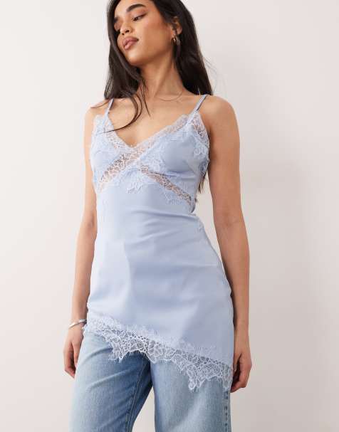 The Frolic exclusive satin lace trim cami asymmetric hem top in blue - view 1