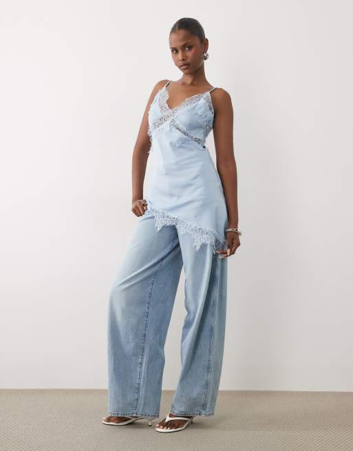 The Frolic Exclusive satin lace trim cami asymmetric hem top in