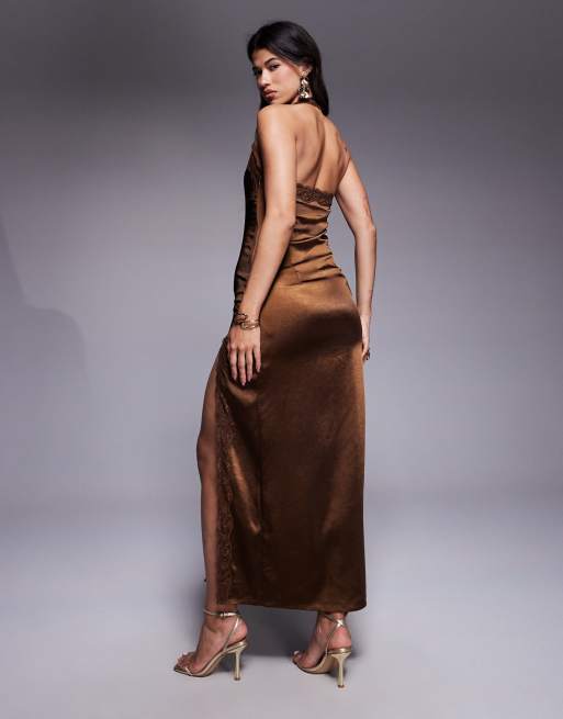The Frolic Exclusive satin lace trim plunge tie detail maxi dress in chocolate