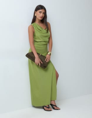 The Frolic Exclusive Satin Ruched Maxi Dress In Green