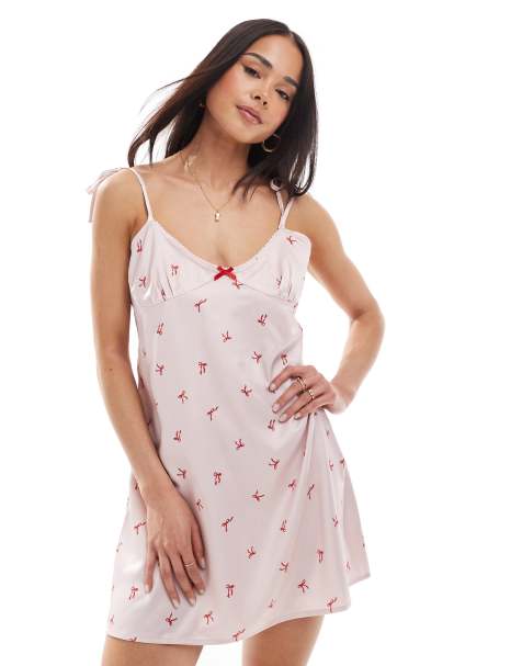 The Frolic exclusive satin tie shoulder gathered bust chemise in baby pink bow print - view 1