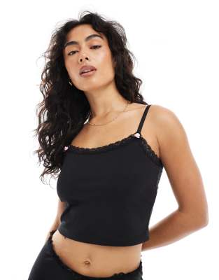 The Frolic exclusive scallop lace jersey cami lounge top and slim flare pyjama bottoms co-ord in black - view 1