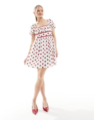 exclusive scallop trim square neck puff sleeve bow tie back mini dress in cream floral-Multi