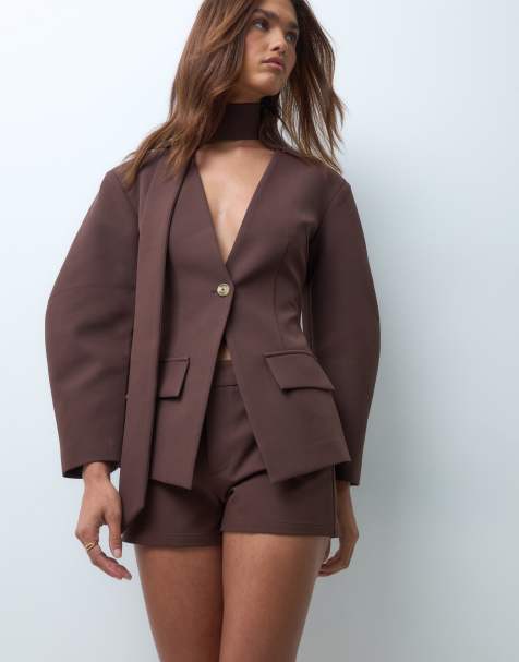 The Frolic exclusive scarf detail balloon sleeve blazer co-ord in brown - view 1