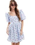 [The Frolic] The Frolic exclusive seersucker ruffle puff sleeve shirred babydoll mini dress in blue check and cherry print 8 Blue check