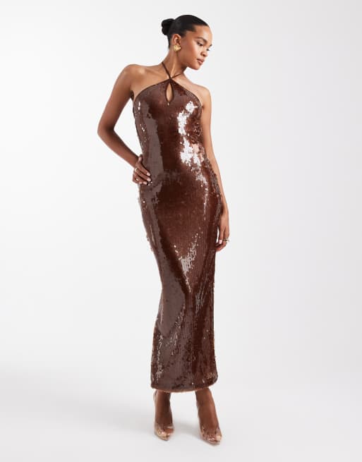 The Frolic exclusive sequin cross front halterneck maxi dress in bronze sequin