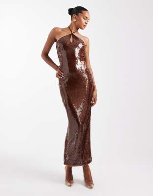 The Frolic exclusive sequin cross front halterneck maxi dress in bronze-Brown