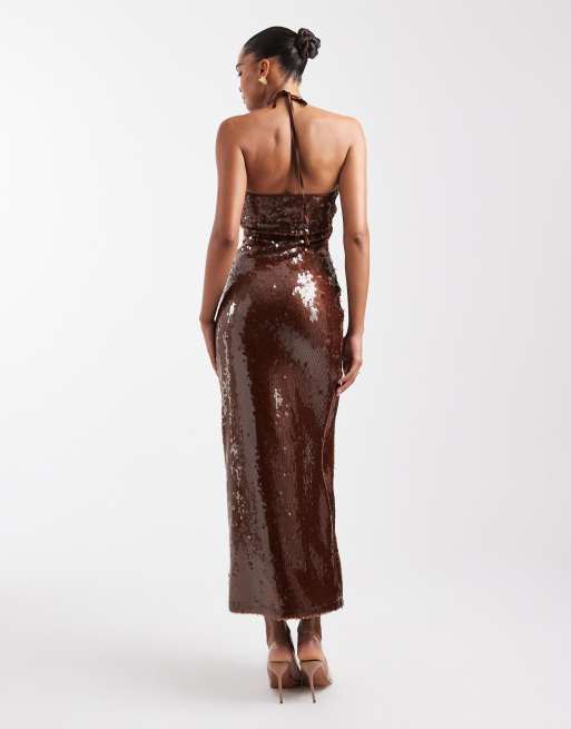 The Frolic exclusive sequin cross front halterneck maxi dress in bronze