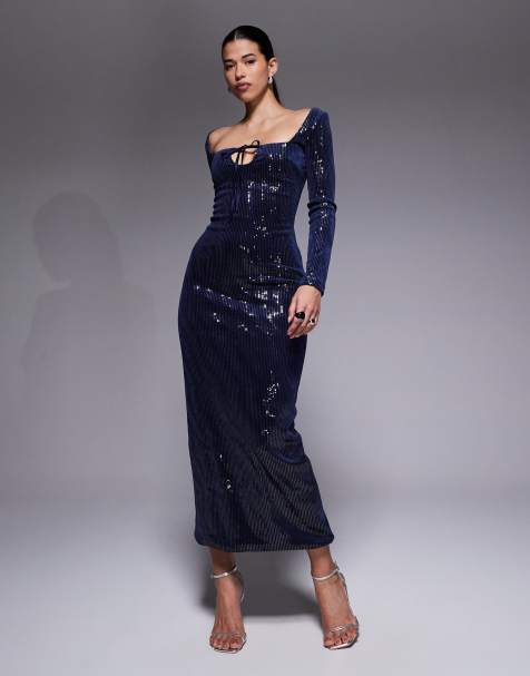 The Frolic exclusive sequin square neck tie front maxi dress in navy