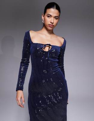 The Frolic Exclusive Sequin Square Neck Tie Front Maxi Dress In Blue