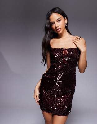 The Frolic Exclusive Sequin Square Neck Tie Front Mini Dress In Black