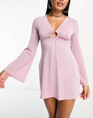 exclusive serpentine long sleeve mini summer dress in lilac-Purple