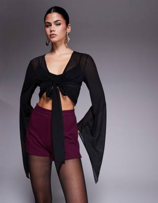 The Frolic Exclusive Sheer Chiffon Flare Sleeve Plunge Tie Front Top In Black