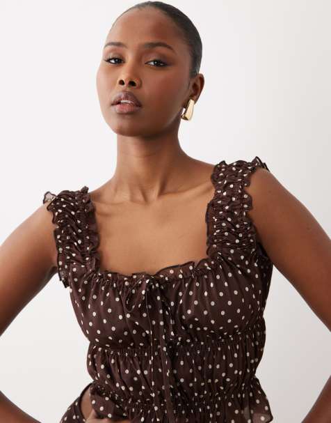 The Frolic exclusive shirred bow detail strappy top co-ord in chocolate polka dot - view 1