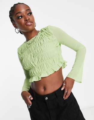 exclusive shirred fluted sleeve crop blouse in sap green