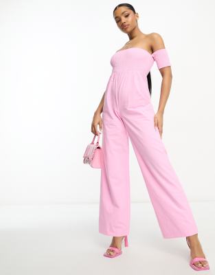 exclusive shirred off shoulder wide leg jumpsuit in pink