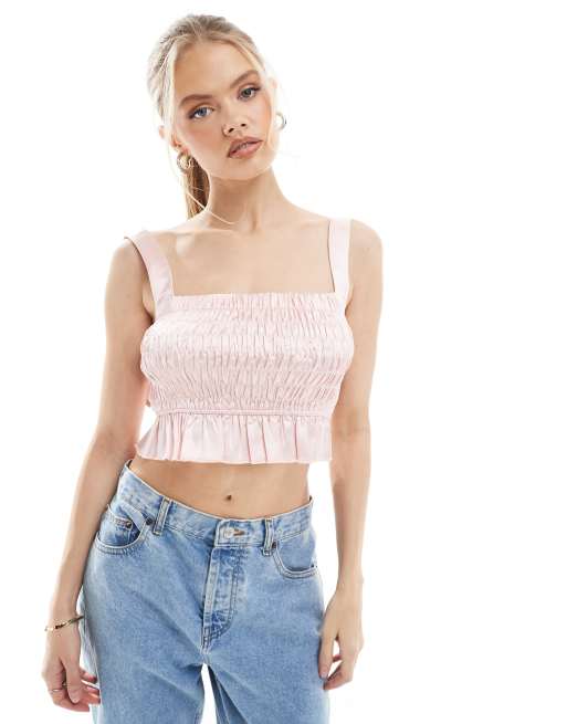 The Frolic exclusive shirred satin bow strap detail crop top in light pink    