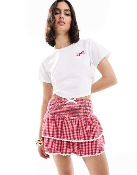 The Frolic exclusive shirred waist tiered lace trim rara skirt in red gingham - part of a set - view 1