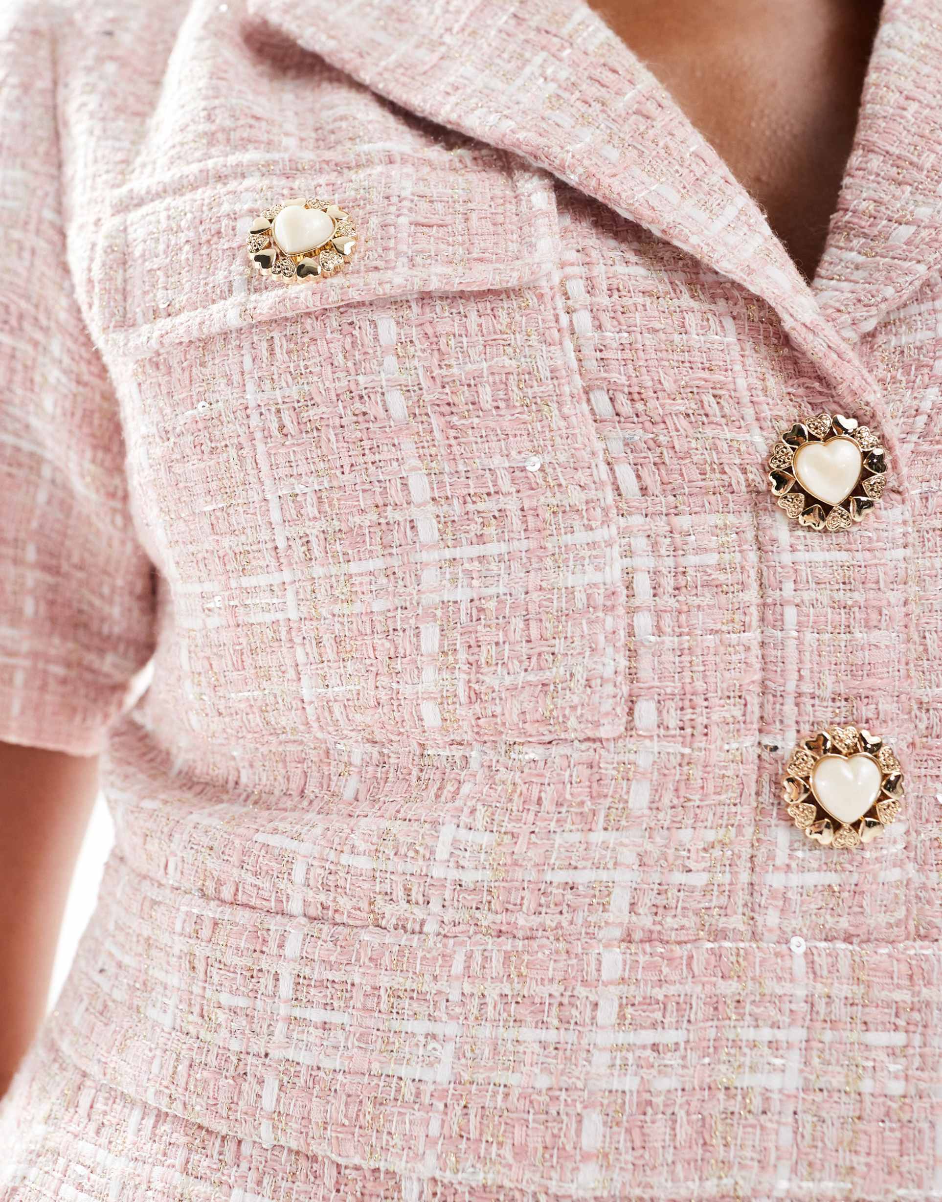 the frolic exclusive short sleeve heart button detail collared boucle mini dress in pink plaid