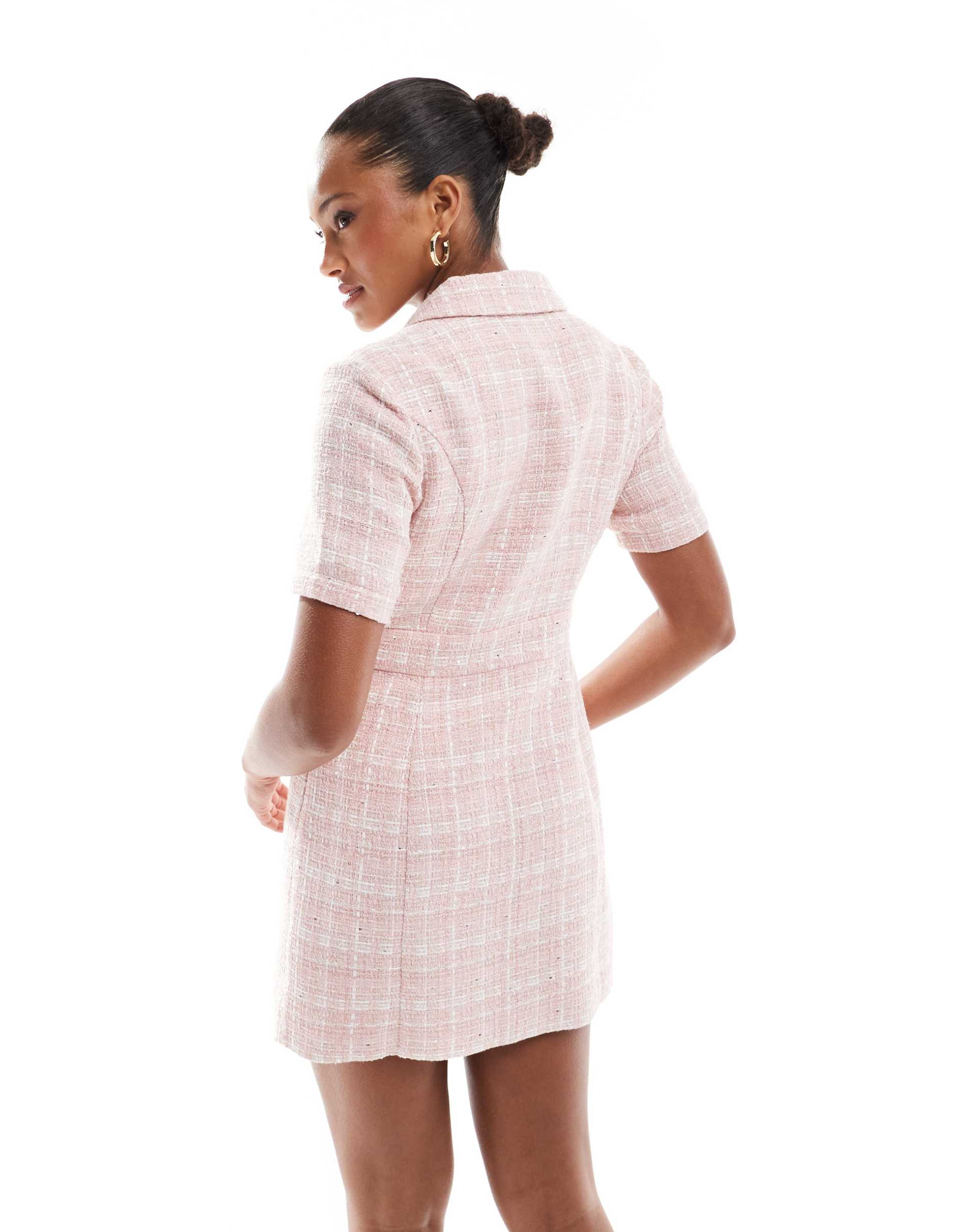 the frolic exclusive short sleeve heart button detail collared boucle mini dress in pink plaid