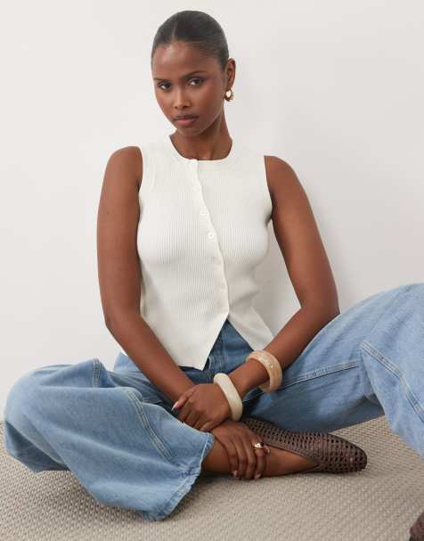 The Frolic exclusive sleeveless asymmetric button knitted top in white - view 1