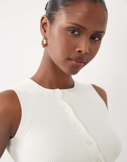 The Frolic exclusive sleeveless asymmetric button knitted top in white, 3 of 4
