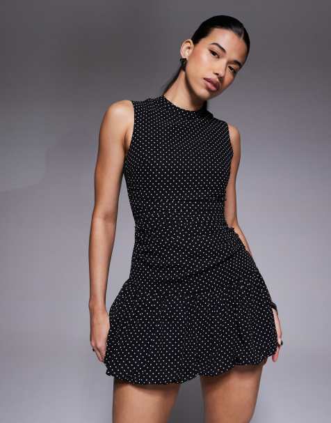 The Frolic exclusive sleeveless high neck pleated drop hem dress in black polka dot - view 1