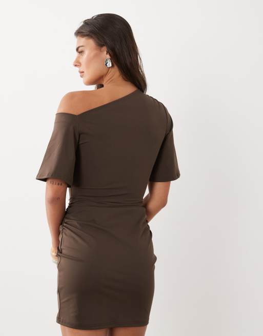 The Frolic exclusive slinky asymmetric off shoulder ruched side mini dress in chocolate, 3 of 4