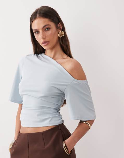 The Frolic exclusive slinky asymmetric off shoulder ruched side top in baby blue - view 1
