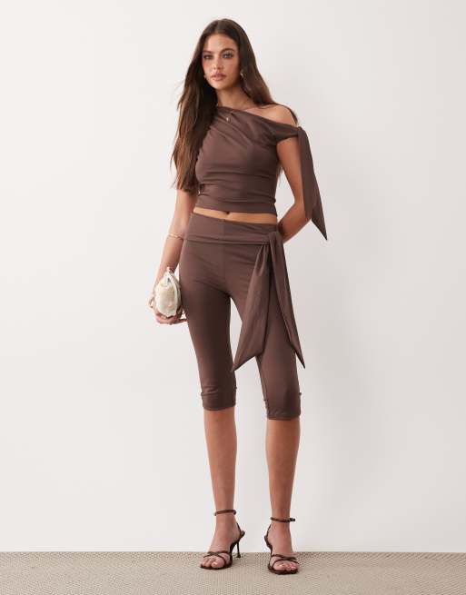 The Frolic exclusive slinky asymmetric shoulder drape side top co-ord in chocolate, 2 of 4
