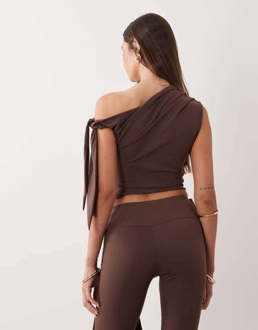The Frolic exclusive slinky asymmetric shoulder drape side top co-ord in chocolate, 3 of 4