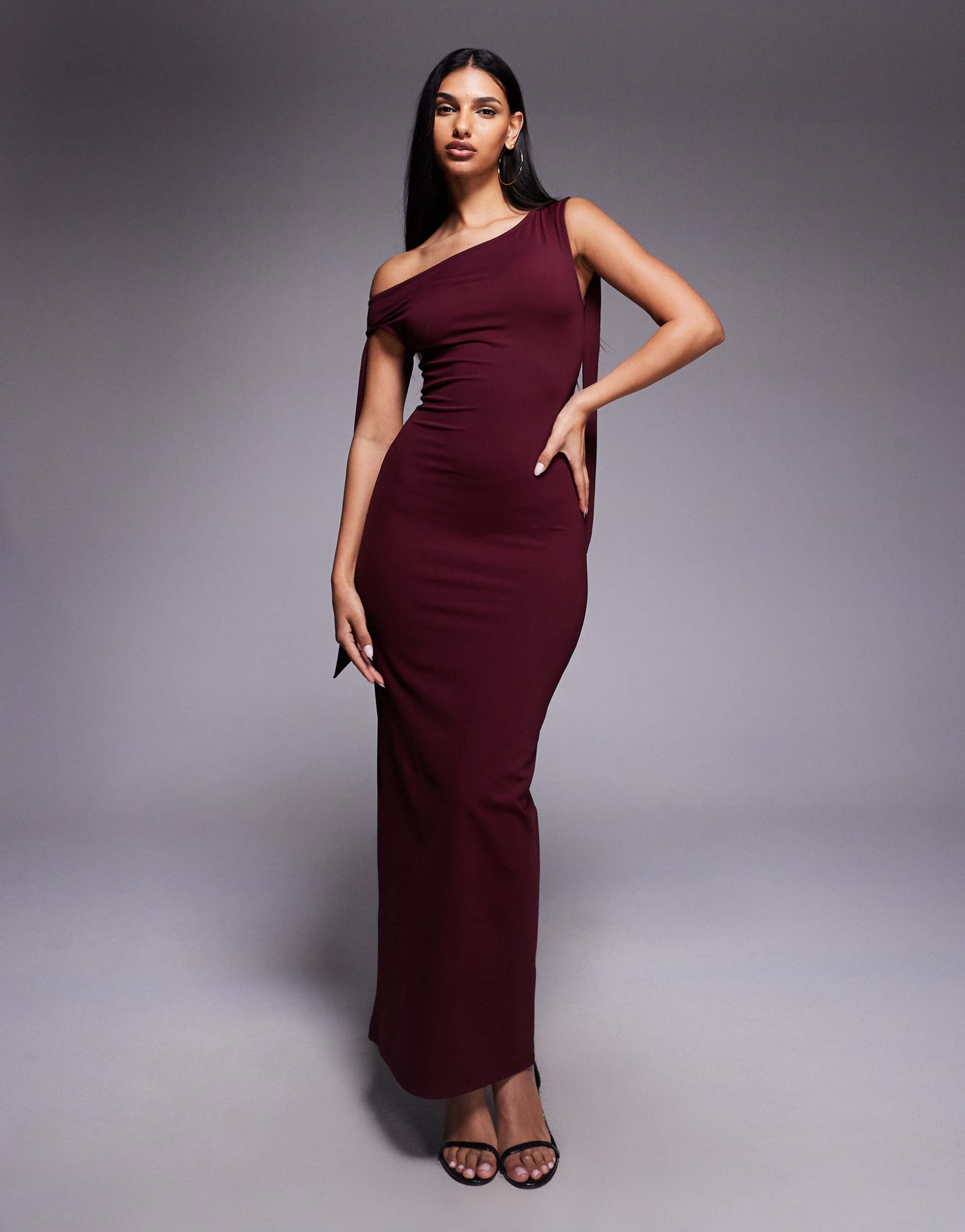 the frolic exclusive slinky asymmetric shoulders tie detail bodycon maxi dress in burgundy